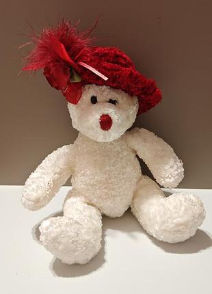 Vintage dan dee red hat w/roses white teddy bear 8" plush stuffed animal toy