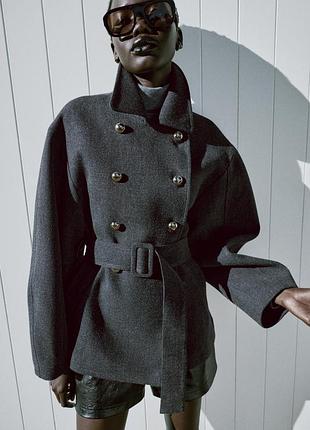 Жіноче пальто жакет під пояс з високим комірцем zara