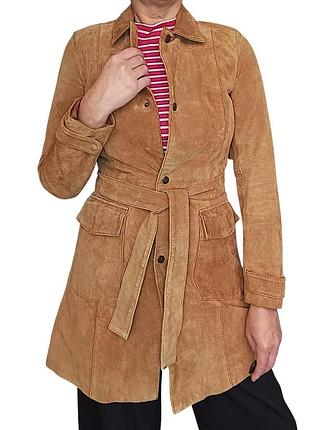 Пальто тренч женское натуральное замша zara s 36 коричневое кэмэл с поясом