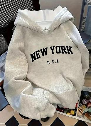 Худі оверсайз сіре з написом new york u.s.a