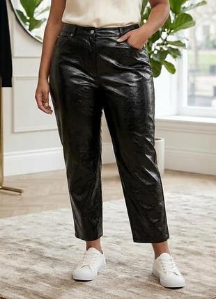 Женские кожаные брюки на флисе marks &amp; spencer р. u9 16 черные глянцевые из экокожи