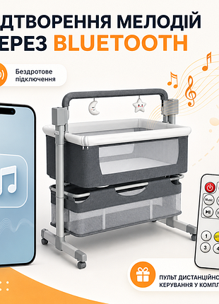 Електронна люлька на коліщатках для новонароджених / дитяче ліжечко з пультом та москітною сіткою х-651 / електрична приставна люлька з 5 швидкостями