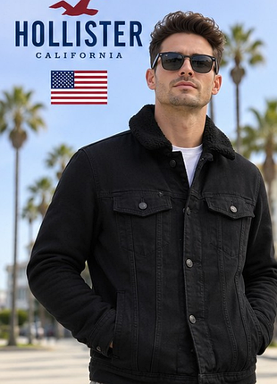 Мужская утепленная джинсовая куртка hollister california s 46 - черная, на меху, теплая, сша