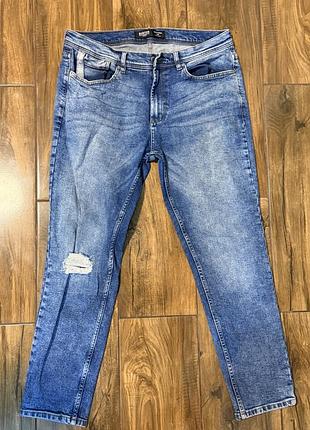 🔥 чоловічі джинси чоловічі burton denim slim 34/30, темно-блакитні варені, стрейч, рване коліно