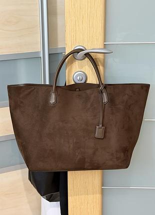 Велика замшева сумка-шопер h&m | коричнева