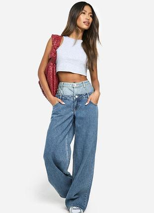 Стильні широкі джинси boohoo wide leg з подвійним поясом, блакитні, висока посадка