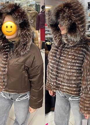 Шуба з лисиці двостороння з капюшоном коричнева парка з хутром