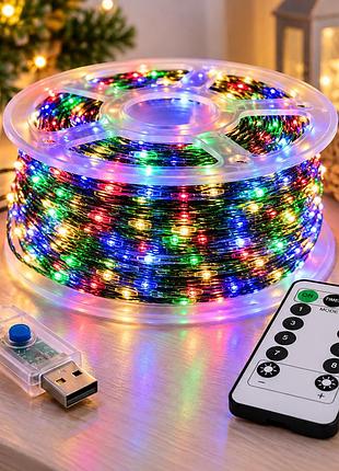 Гирлянда роса 100 м 1000 led разноцветная multi / гирлянда с usb и пультом ду, зеленая проволока / led-декор