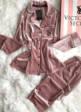 Пижама женская пудровая бархатная рубашка и брюки victoria secret (виктория сикрет) + подарочная коробка m