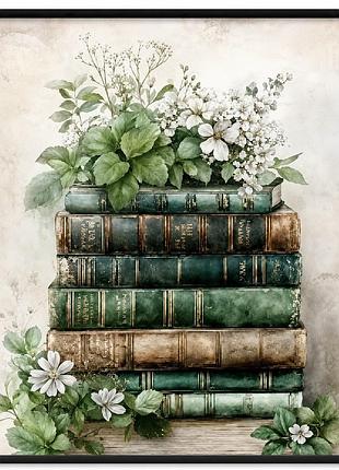 Постер «vintage botanical library» «зелені книги та квіти»