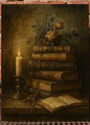 Постер «вінтажні книги та свічка» 30×40 см