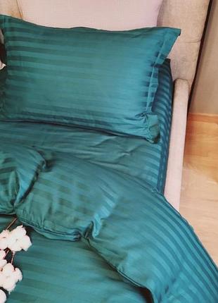 Комплект постільної білизни stripe premium, deep emerald 2/2см, євро на резинці