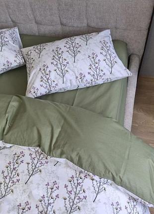 Комплект постільної білизни гілочка/хакі, cotton, полуторний