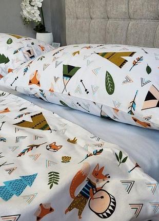 Комплект дитячої постільної білизни хитрий лис/блакитний, turkish flannel, підлітковий на резинці