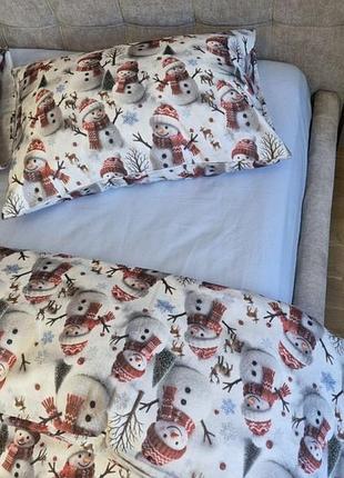Комплект постільної білизни сніговики/блакитний, turkish flannel 5d, сімейний