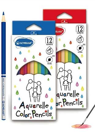 Акварельні кольорові олівці acmeliae 9401-12 круглий корпус, пензлик, 12 кольорів