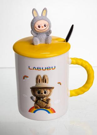 Чашка порцелянова з кришкою і ложкою labubu 300 мл жовтий fm-35a
