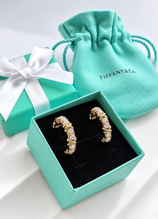 Женские серьги-кольца с фианитами в стиле tiffany, нержавеющая сталь, цвет лимонное золото, застежка-гвоздик, подарочная упаковка