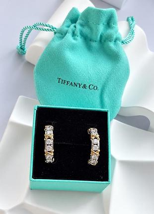 Сережки-кільця у стилі tiffany з фіанітами, нержавіюча сталь, лимонне золото, англійська застібка, з мішечком і коробкою