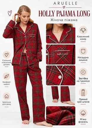 Женская пижама с брюками aruelle holly pajama long 100% хлопок, теплая фланелевая рубашка на пуговицах с кантом, длинные брюки m