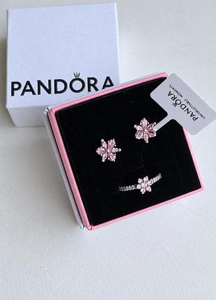 Набор в стиле pandora: серьги-цветы и кольца с сиреневыми камушками, коробка в комплекте 18
