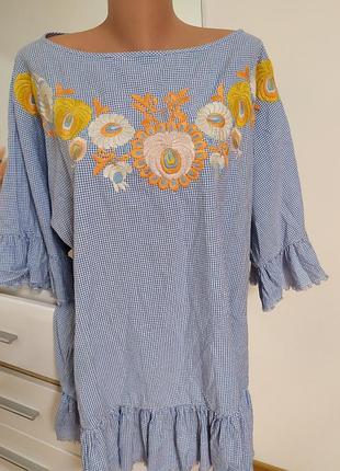 Zara woman embroidered свободное платье в клетку туника с вышивкой