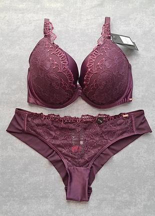 Комплект нижнего белья noir hunkemoller 80e (36dd/e) / 75f (34dd/f), трусики l, бордовый