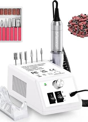 Фрезер для ногтей nail drill pro 20000 об/мин белый профессиональный маникюрный набор с насадками и шлифовальными лентами