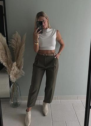 Жіночі брюки zara класичні вкорочені хакі з поясом зара