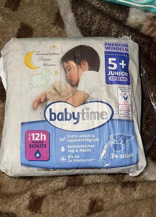Дитячі підгузки babytime premium windeln (німеччина). розмір 5+ junior (вага 13–27 кг), упаковка 34 шт.