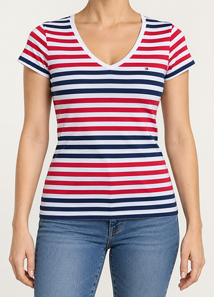 Футболка жіноча tommy hilfiger. біла смугаста базова 100% бавовна блуза топ