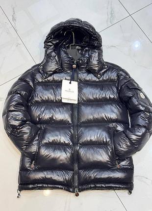 Пуховик мужской moncler black glossy монклер черный осень-зима легкий с капюшоном