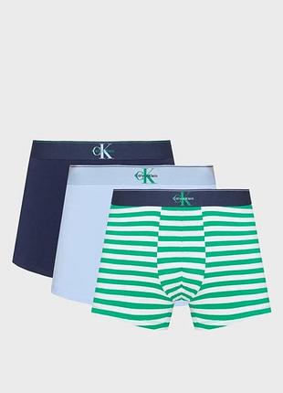 Calvin klein труси боксери. 3 штуки (темно-сині, блакитні, зелені в смужку)