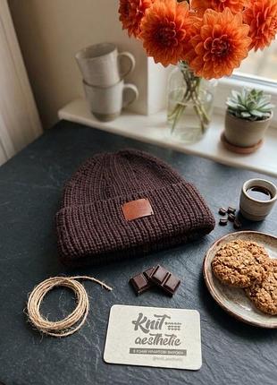 Шапка біні унісекс knit aesthetic з відворотом меринос коричнева