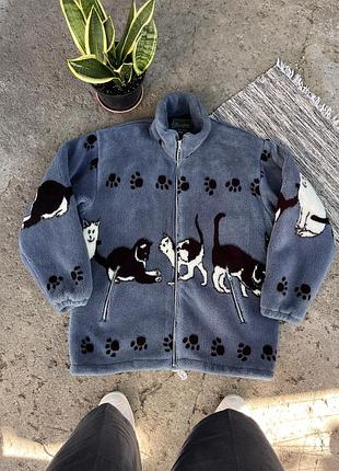 Вінтажна блакитна флісова утеплена вітровка turnstone outerwear з котами