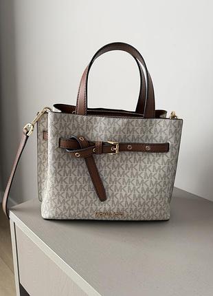 Жіноча сумка michael kors emilia бежево-коричнева з канвою
