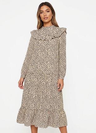 Легка сукня міді в цятку з воланами boohoo (розмір s-m / eur 38) бежева ярусна сукня з довгим рукавом