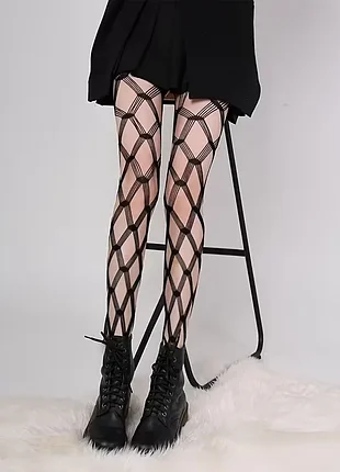 Колготки женские черные 🖤 крупная сетка ромбиком с пятью линиями 🎃 на хелловин 🕸️ готический стиль 📏 one size xxs-xxl 🔥 ажурные, сексуальные