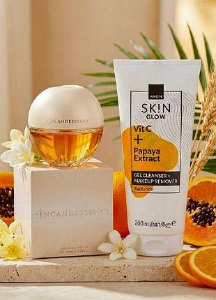 Подарочный косметический набор avon: парфюмированная вода incandessence (50 мл) + гель для умывания skin glow (200 мл)