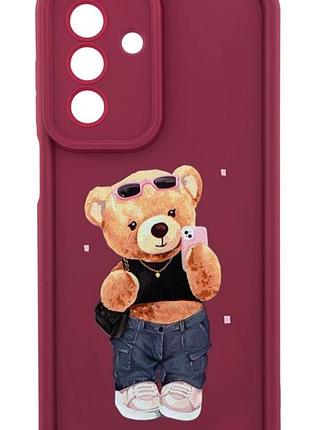 Чехол shock case print для samsung galaxy a18 / a185 бампер силиконовый бордовый с рисунком мишка