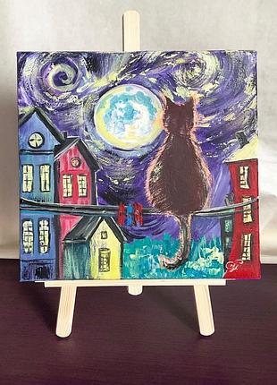Картина акрилова «котик на мотузці» 25×25 см