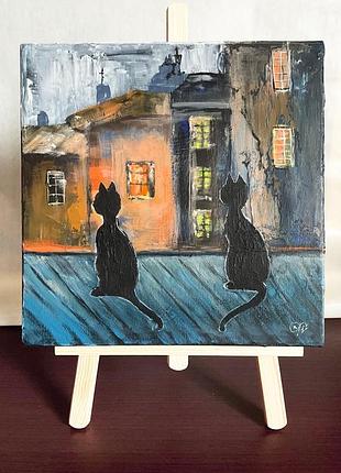 Картина акрилова на полотні два коти на даху 25x25 см