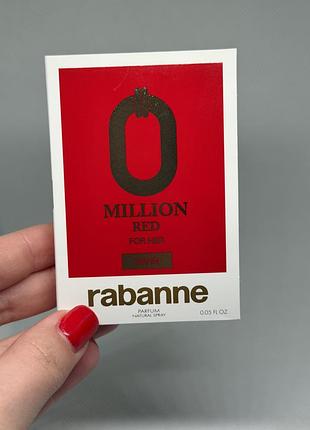 Rabanne million red for her — фруктовий аромат із лактонними відтінками кокоса, сонячним іланг-ілангом і помело, пробний зразок, 1,5 мл;