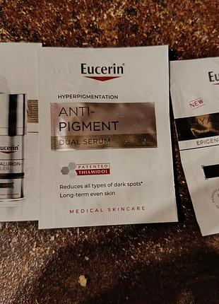 Два пробники eucerin hyaluron-filler epigenetic serum (anti-age)
• один пробник eucerin anti-pigment dual serum (hyperpigmentation)