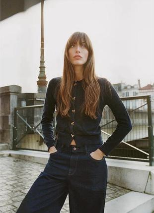 Кардиган жіночий кофта zara з комірцем темно-синій (navy blue) 26% вовни