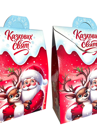 Новогодняя бумажная коробка для конфет упаковка сладостей на николая рождество новый рек садик школу картонная красный 600 грамм