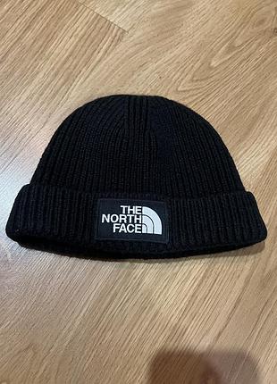 Дитяча шапка the north face біні в рубчик з відворотом чорна
