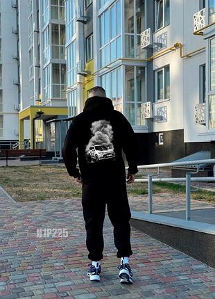 Спортивный премиум костюм худи с принтом на спине машина и штаны джоггеры петля качественный комплект черный осенний