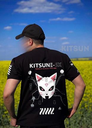 Базова чоловіча чорна футболка з якісним принтом kitsune на спині однотонна