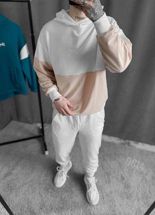 Стильный мужской спортивный костюм двухцветная кофта худи и штаны с лампасами комплект бежевый качественный пенье